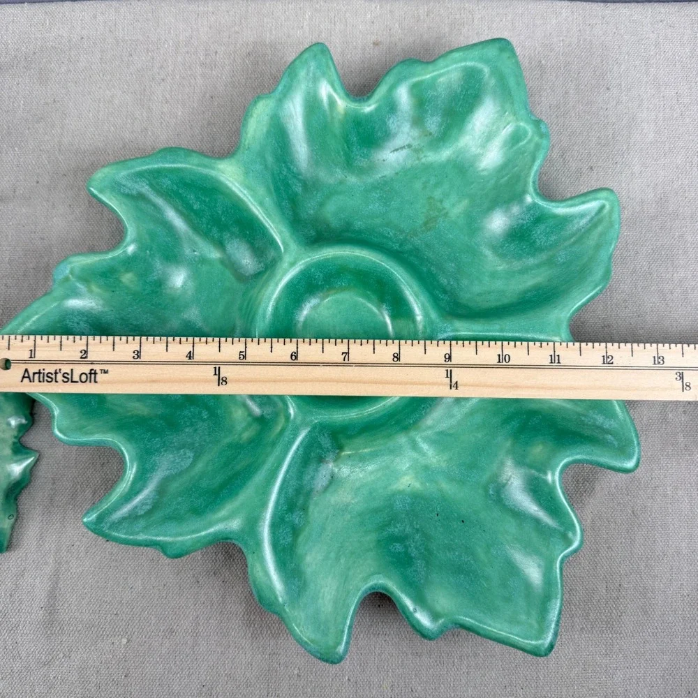 Vintage Green Leaf Chip and Dip‎ Set Signed GJS Studio Pottery Mid Century Style